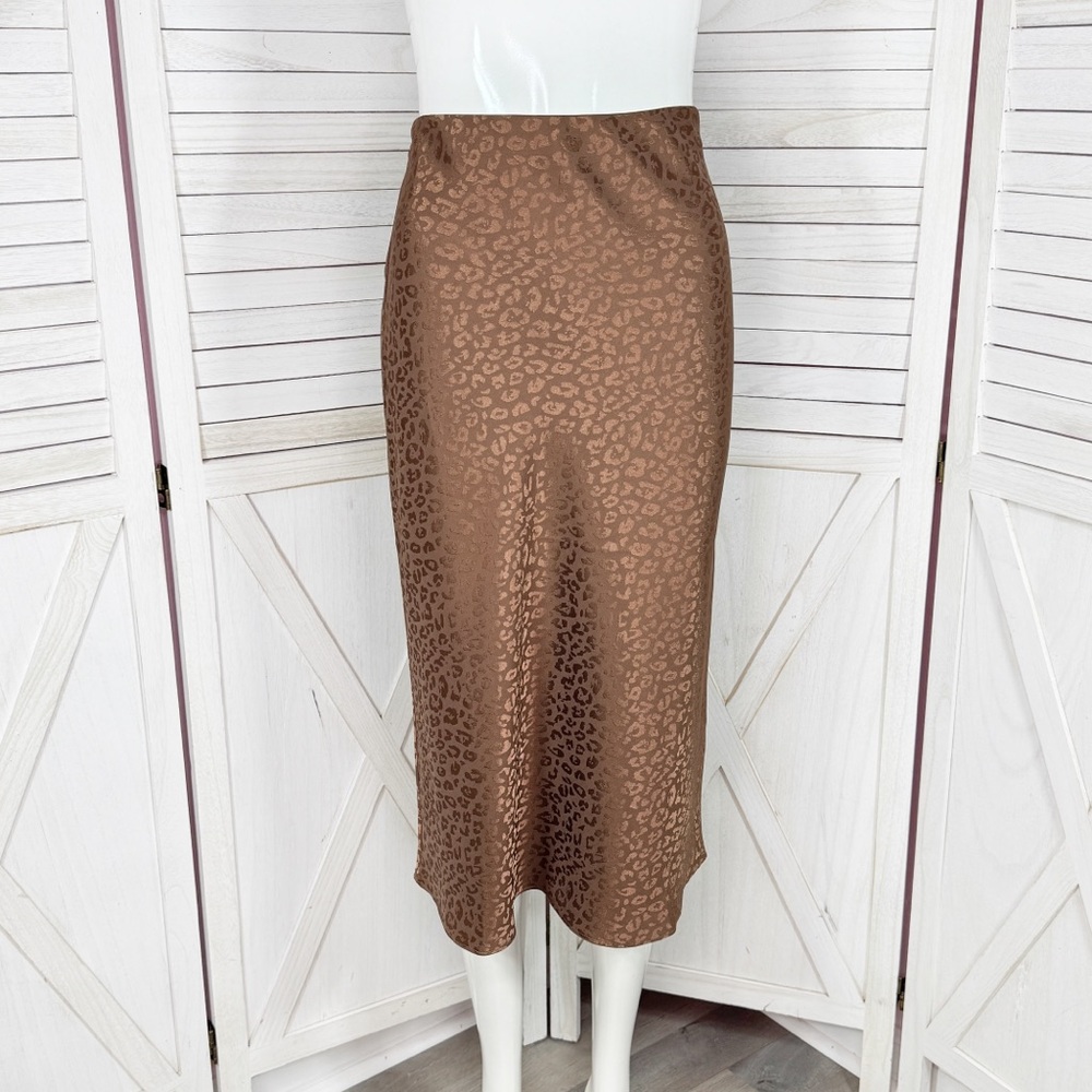 Mi Ami Francesca’s Satin Animal Print‎ High Waist Midi Slip Skirt Brown Small
